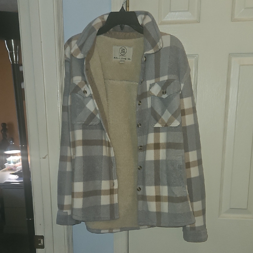 Sage Plaid Teddy-Lined Jacket in Gray, White & Brown